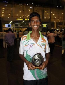 Indian beach volleyball player Master Robin, belongs to a fisherman family at Pazhaiyar village, who got second place, returned from France. | Photo Credit: G. Krishnaswamy